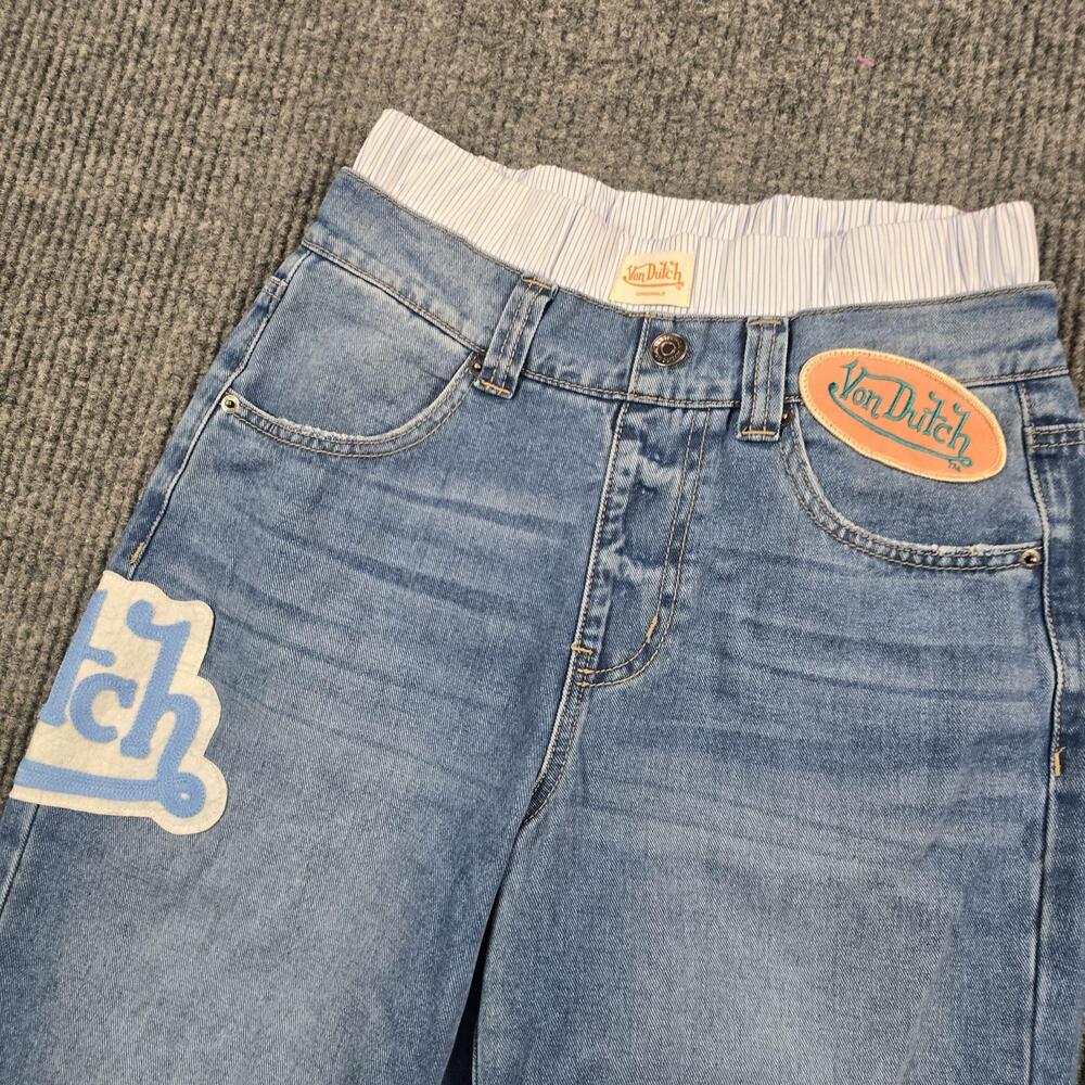 Von Dutch Jeans Size 1 Blue Light Wash Logo Patch Graphic Straight Denim 25x30